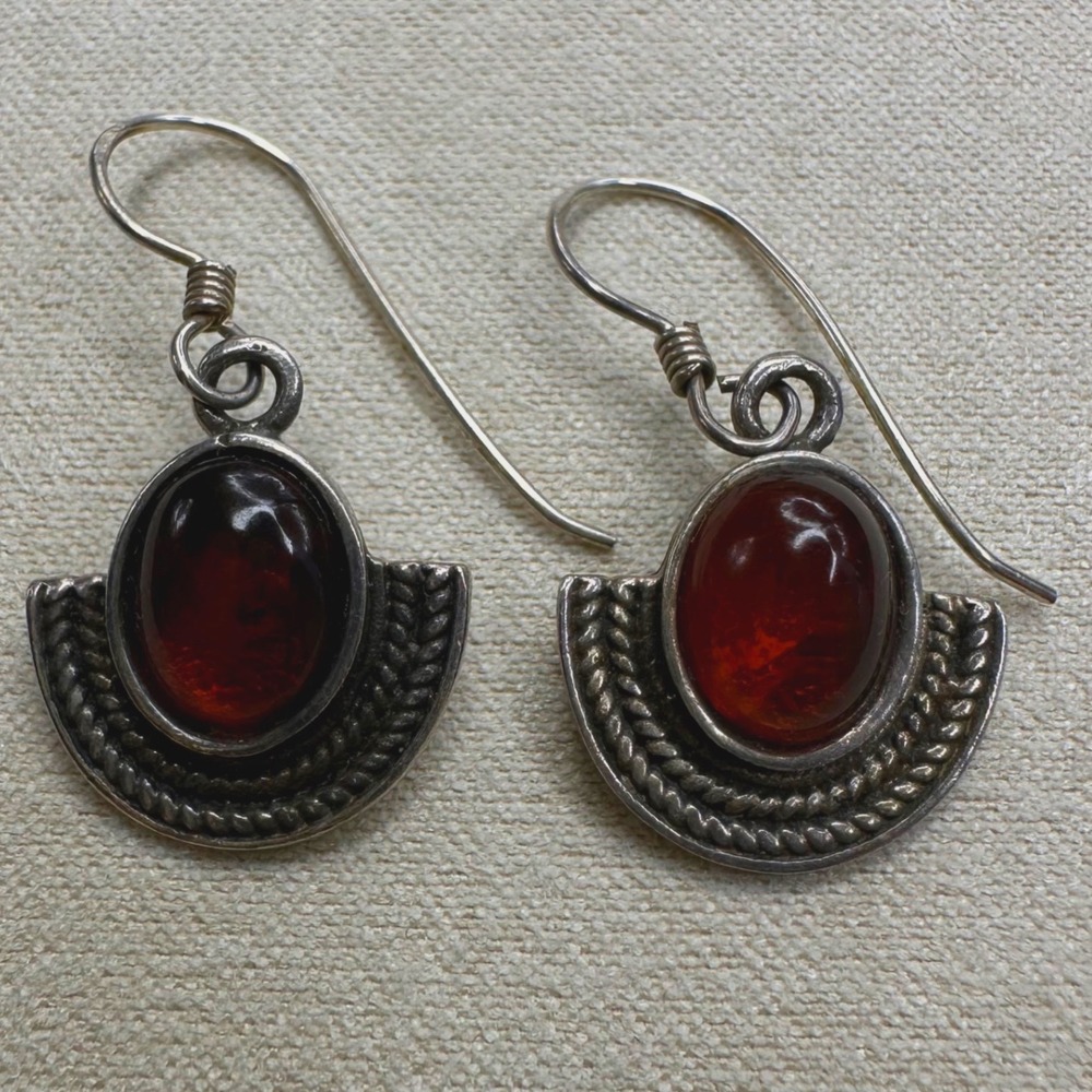 Vintage 925 Sterling Silver Amber Drop Earrings Cognac Brown Boho Artisan Dangle